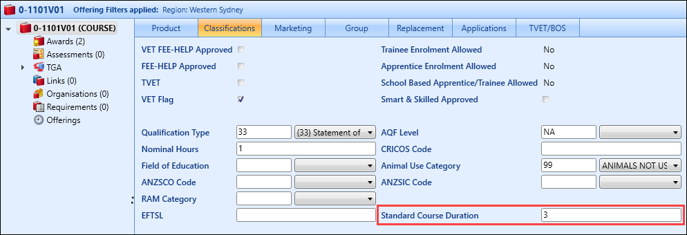 Standard Course Duration field