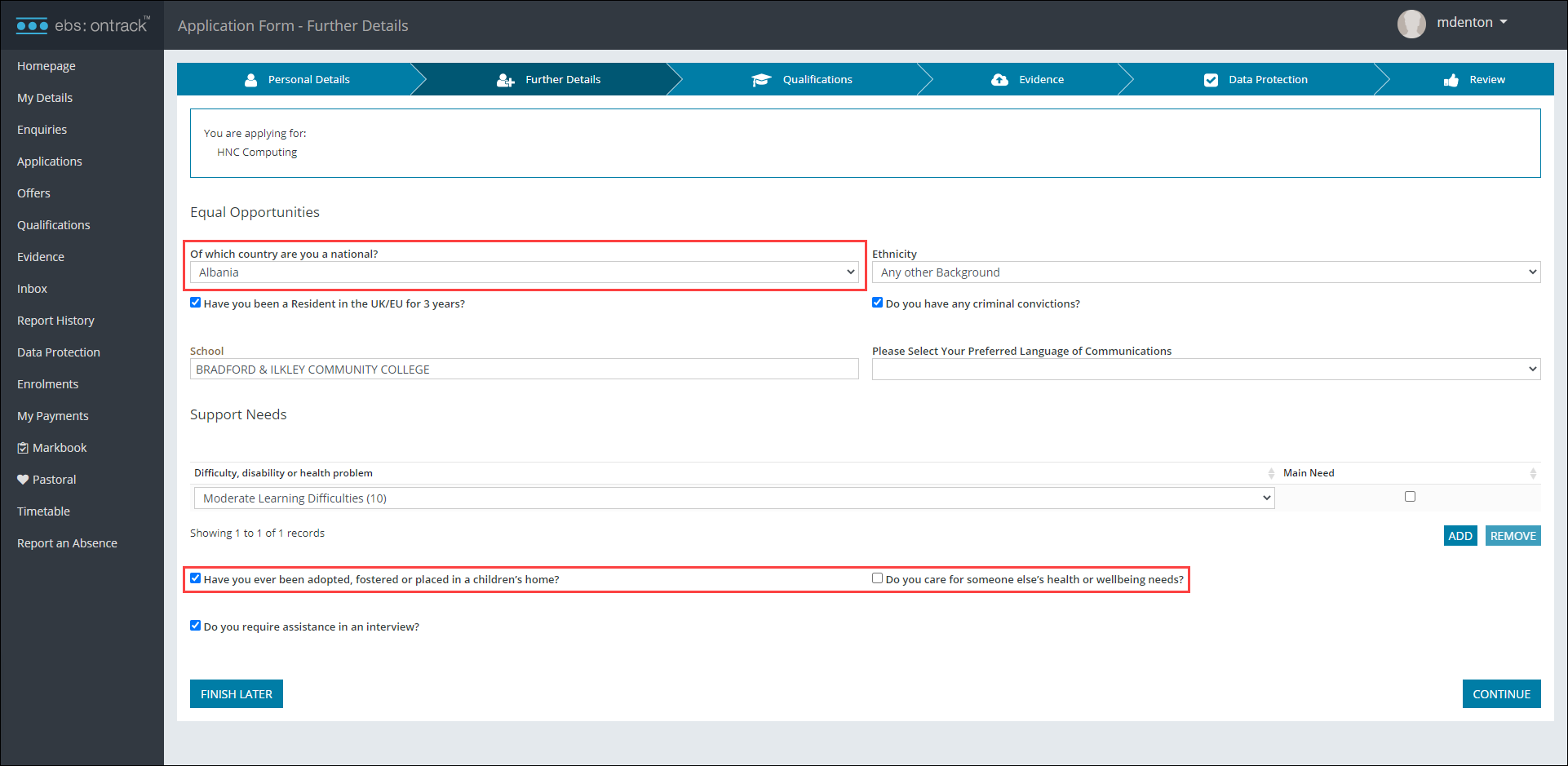 Application form changes