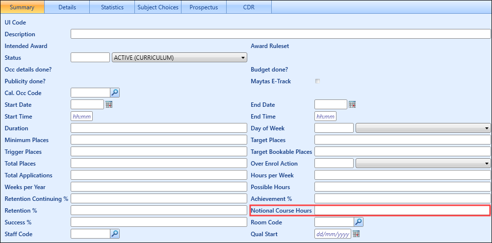 Notional Course hours field
