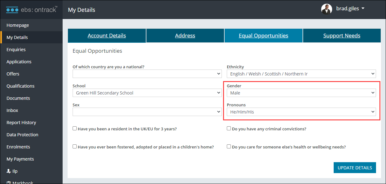 Gender and Pronouns fields