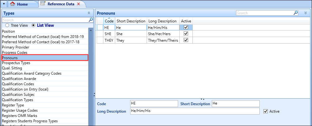 Pronouns reference data screen