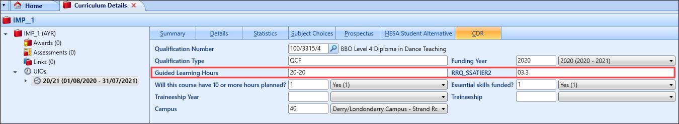 RRQ_SSATIER2 and Guided Learning Hours fields