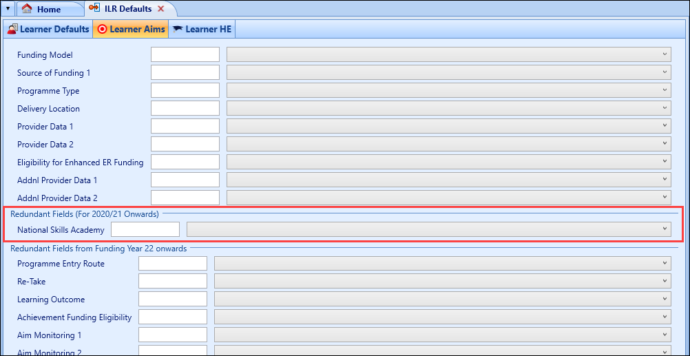 Redundant Fields (For 2020/21 Onwards) section on the Learner Aims tab