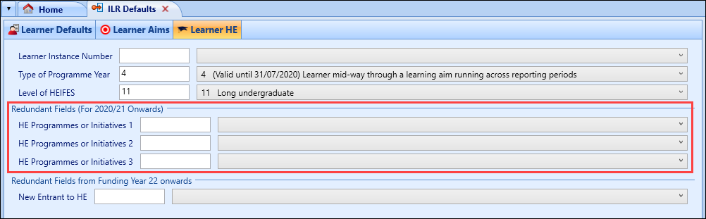 Redundant Fields (For 2020/21 Onwards) section on the Learner HE tab