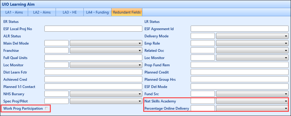 Nat Skills Academy, Work Prog Participation and Percentage Online Delivery fields