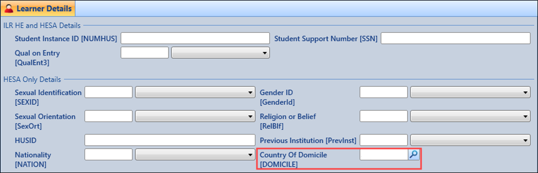 Country Of Domicile [DOMICILE] displayed in the HESA Only Details section