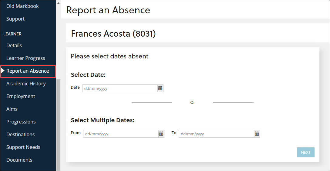 Report an Absence screen