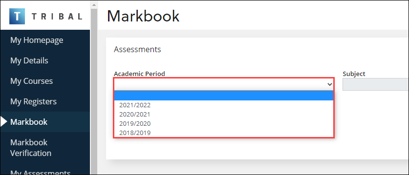 Academic Period drop-down