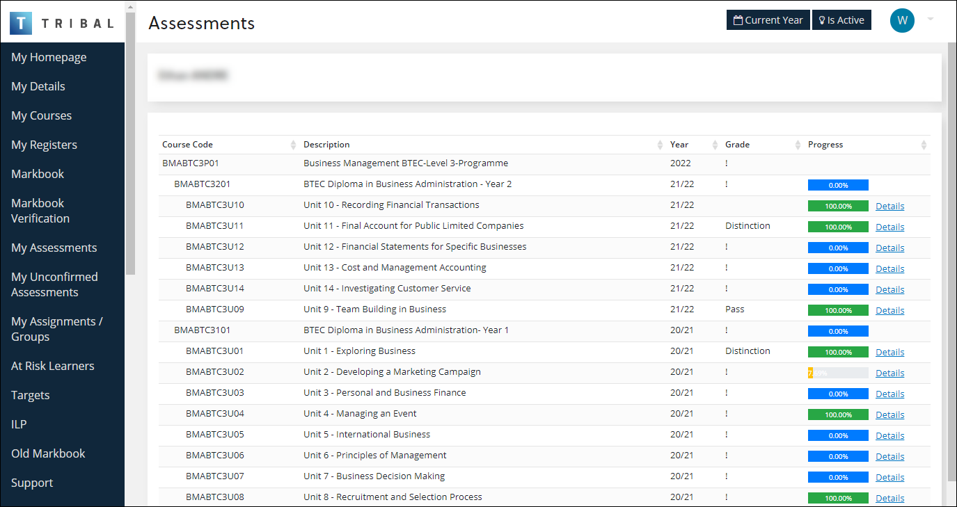 Assessments screen