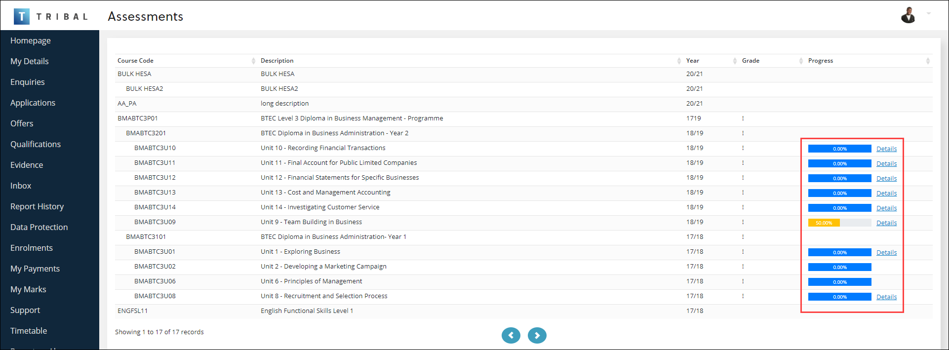 Assessments screen