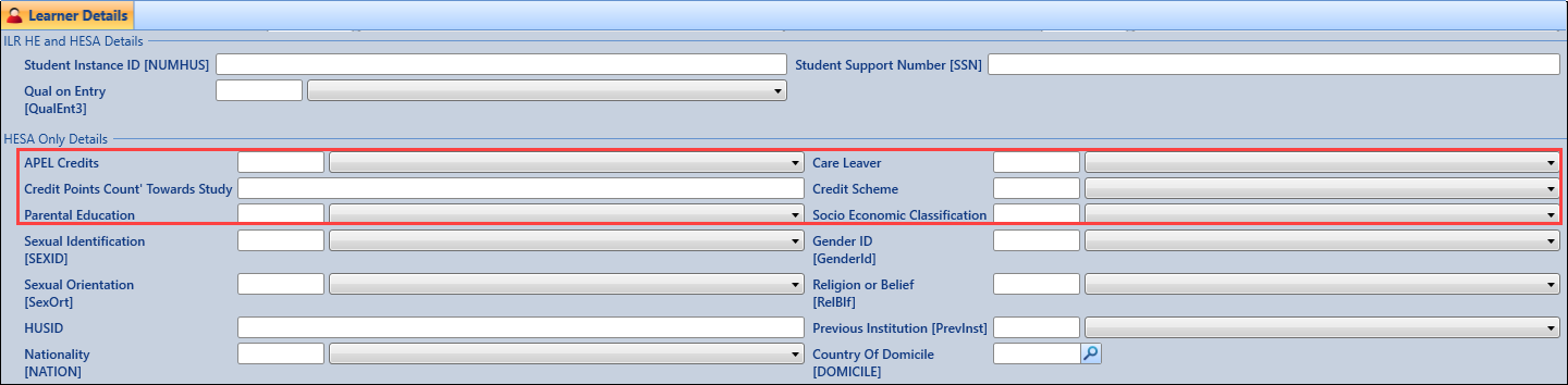 Fields have been added to the HESA Only Details section of the Learner Details screen