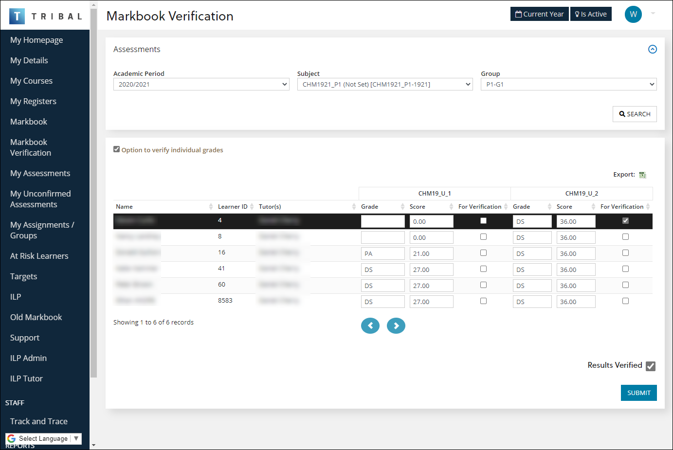 Markbook Verification screen