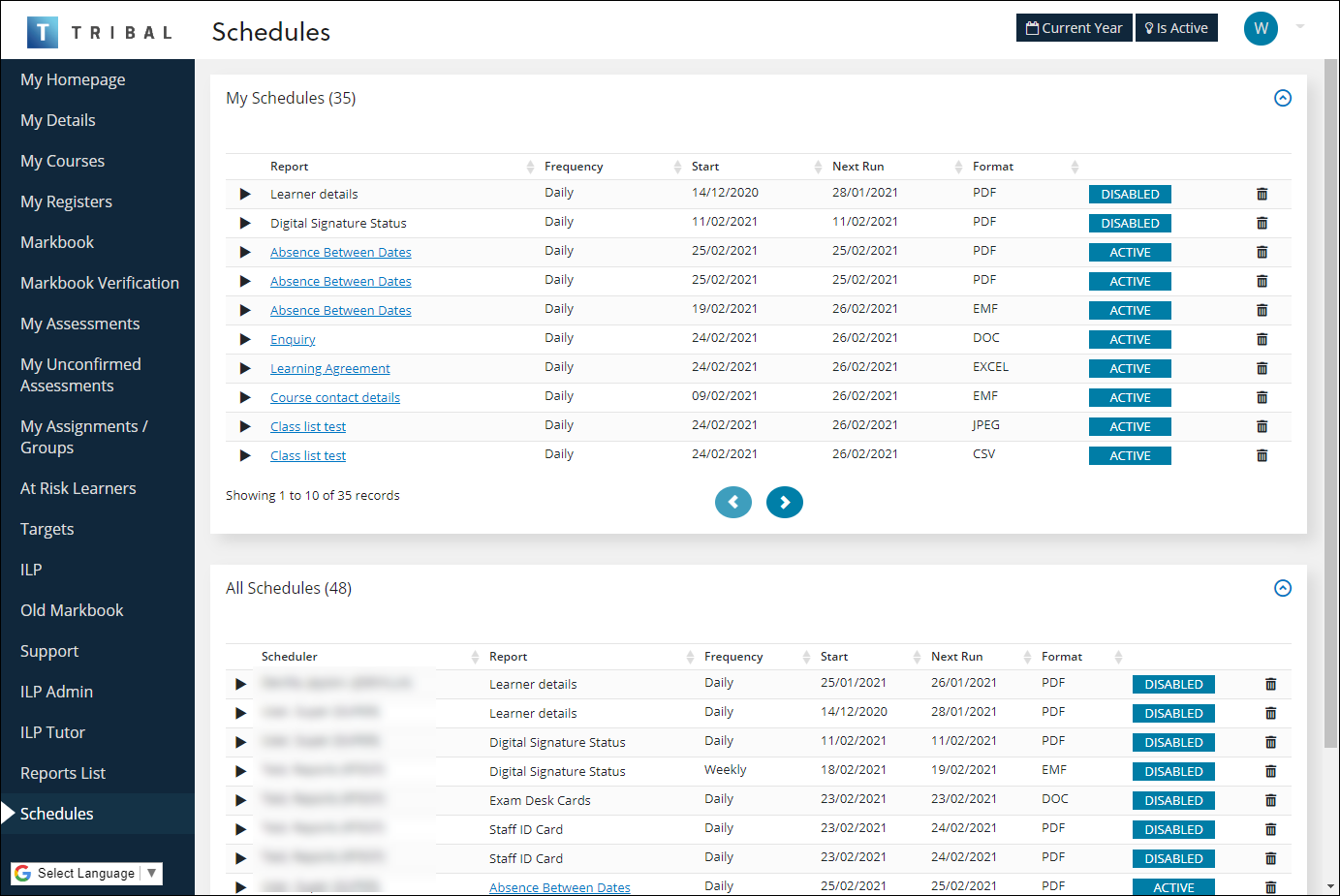 Schedules screen