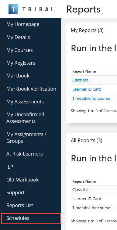 Left-hand menu Schedules option