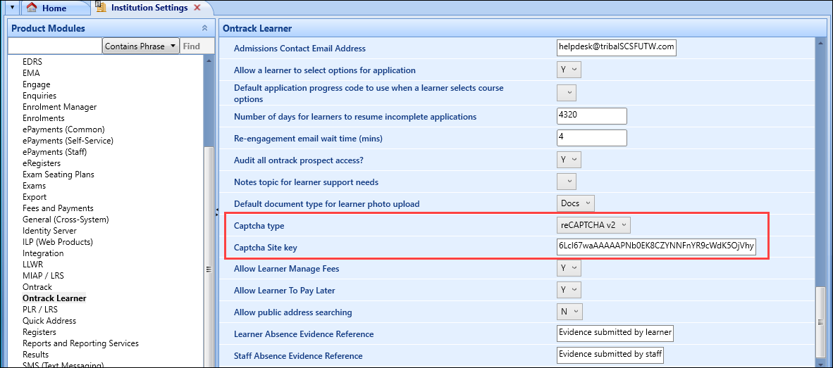 Captcha type, Captcha Site key and Captcha Secret key institution settings