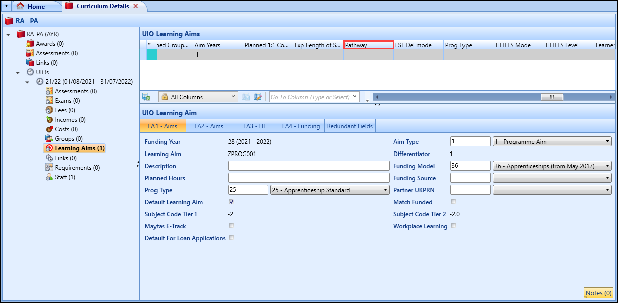 Learning Aims screen Pathway field