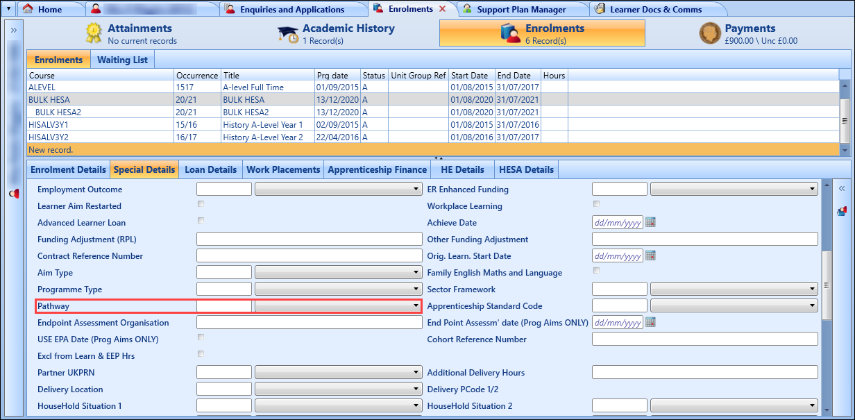 Enrolments screen Pathway field