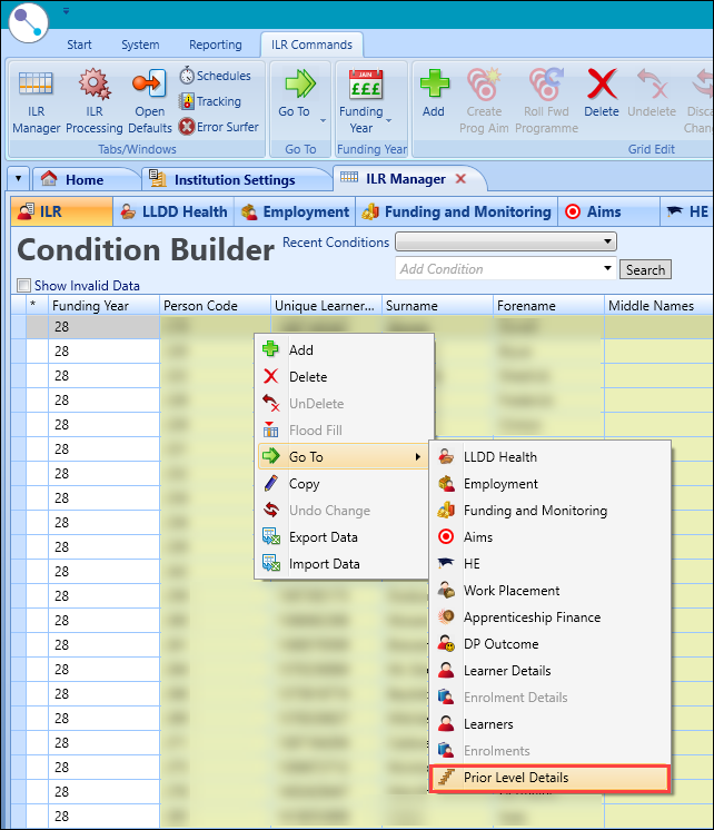 Prior Level Details from the Go To drop-down list