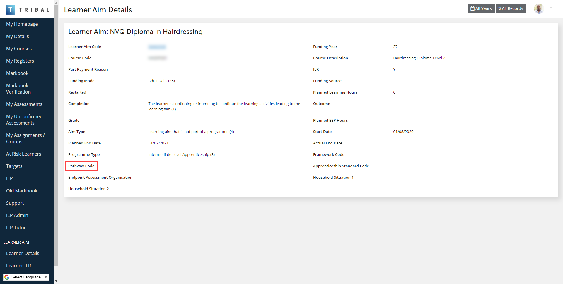 Learner Aim Details Pathway Code field