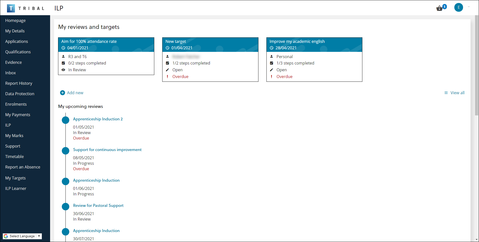 My reviews and targets screen