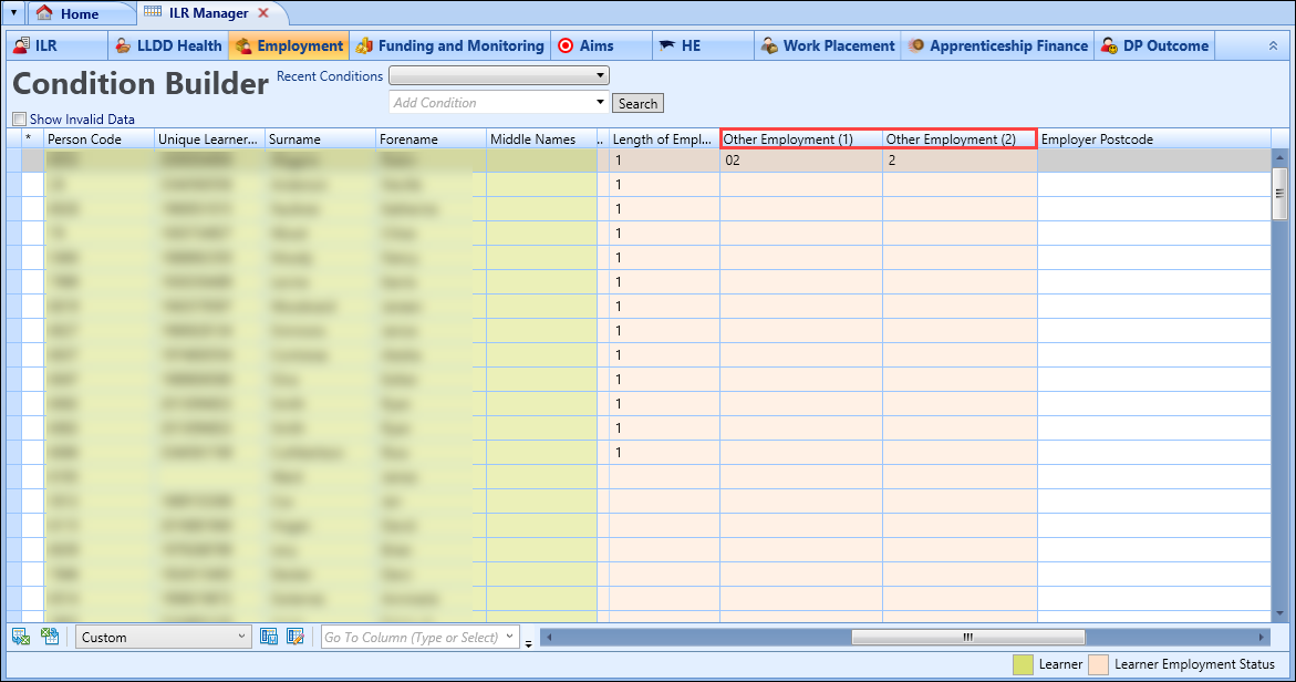 Other Employment (1) and Other Employment (2) fields on the Employment tab in ILR Manager 