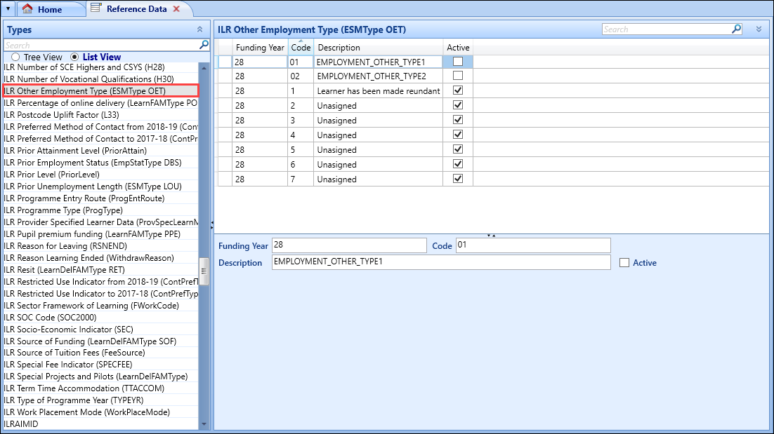 ILR Other Employment Type (ESMType OET) screen