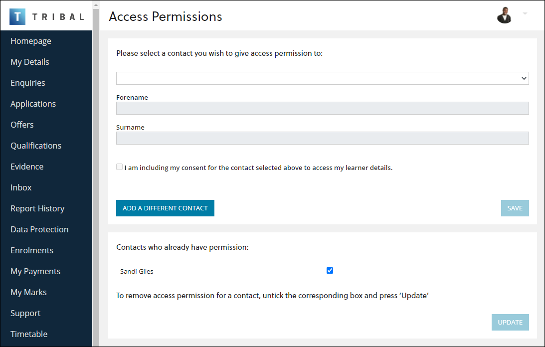 Access Permissions screen