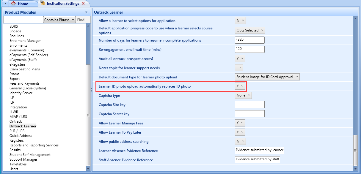 'Learner ID photo upload automatically replaces ID photo' institution setting