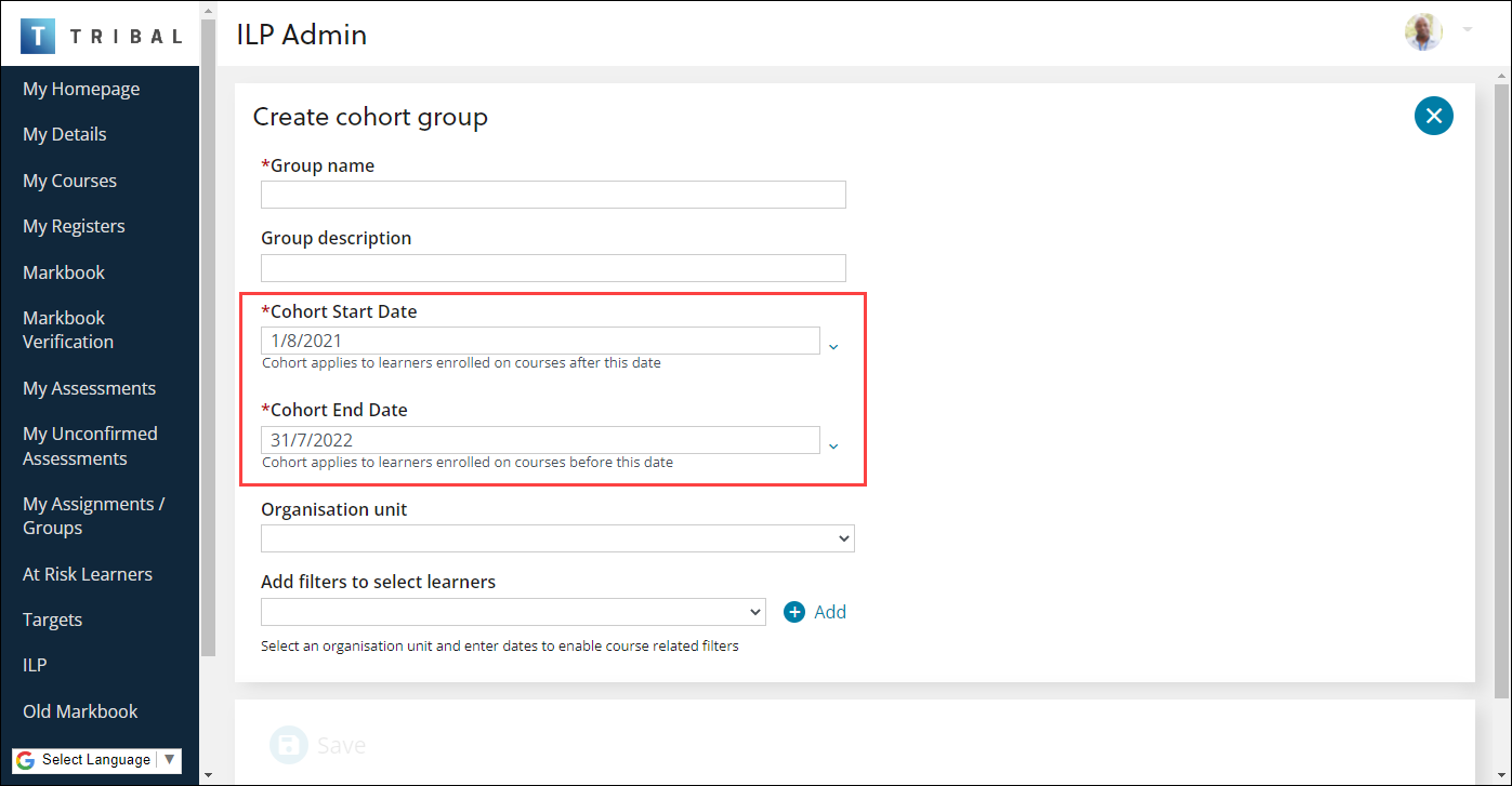 Cohort start and end date fields