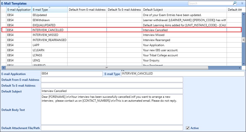 INTERVIEW_CANCELLED record has been added to E-Mail Templates reference data