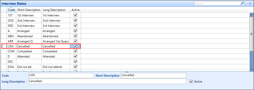 'Cancelled' status field has been added to the Interview Status screen