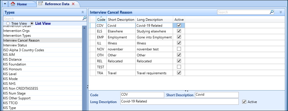 Interview Cancel Reason reference data