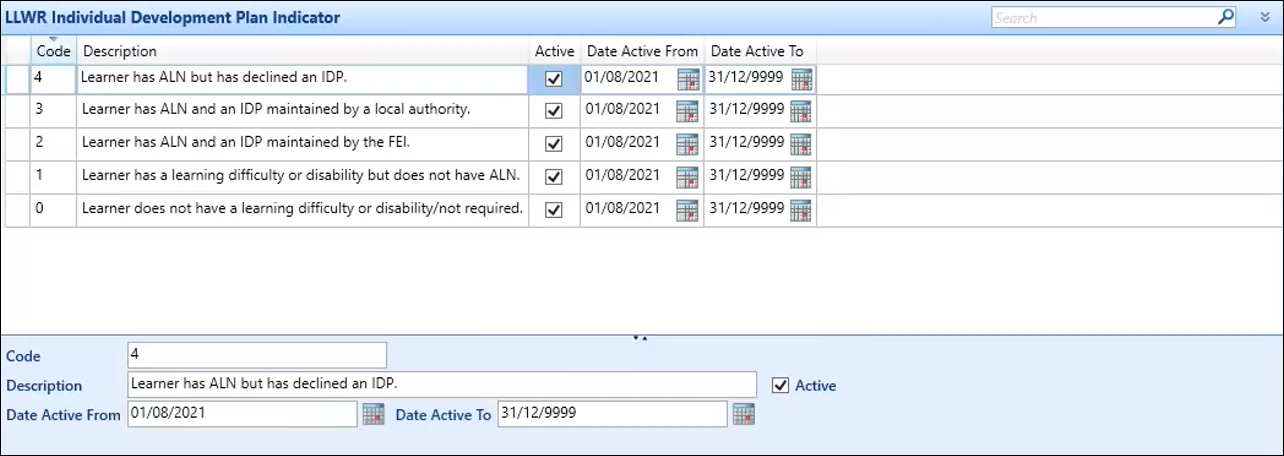 LLWR Individual Development Plan Indicator reference data screen