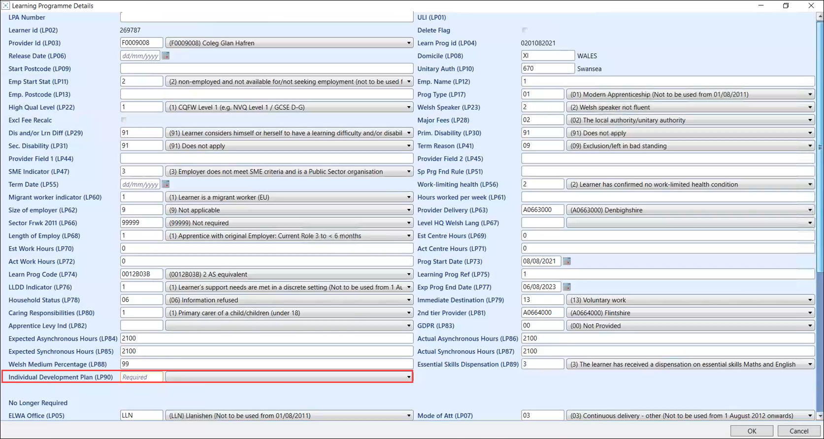 The Individual Development Plan (LP90) field 