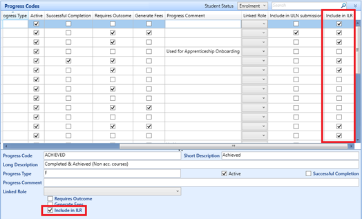 Progress codes include in ILR