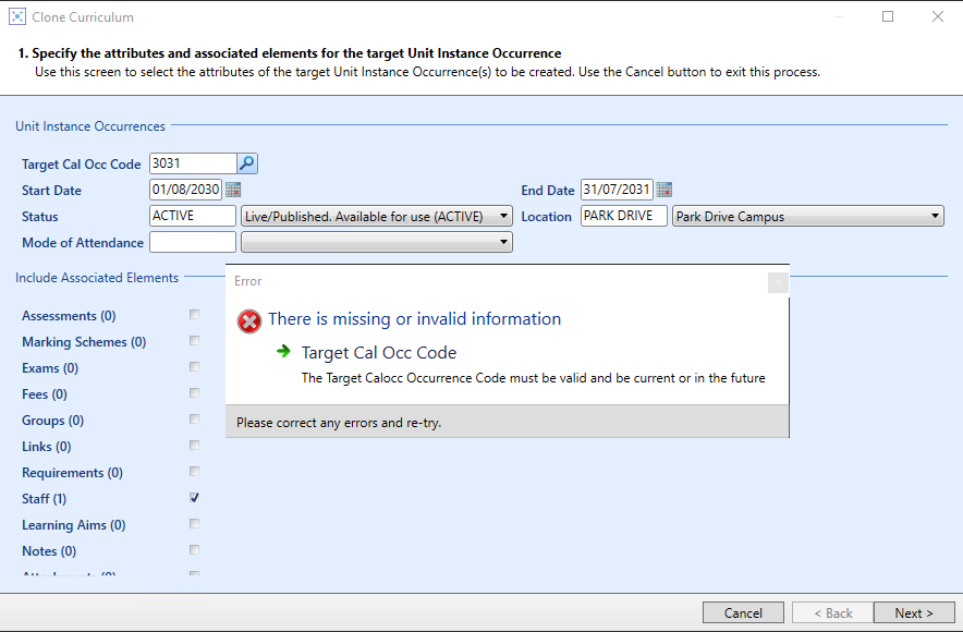 Validation of target cal occ when cloning curriculum