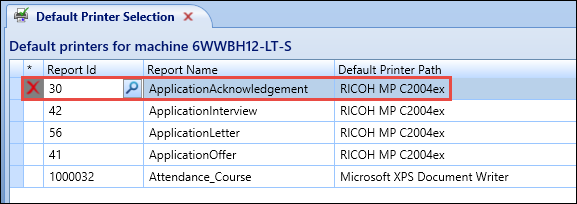 Default Printer Selection screen - record marked for deletion