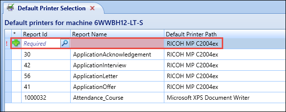 Default Printer Selection screen - new row