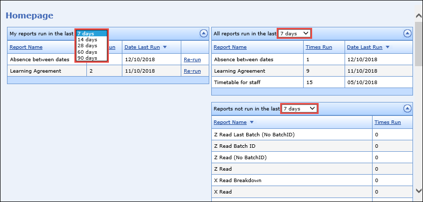 Days drop-down menu