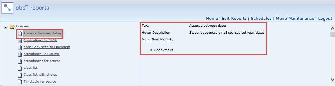 Maintain Menu Structure page - report selected