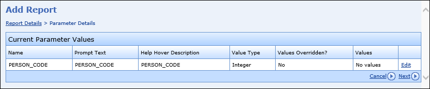 Parameter Details page