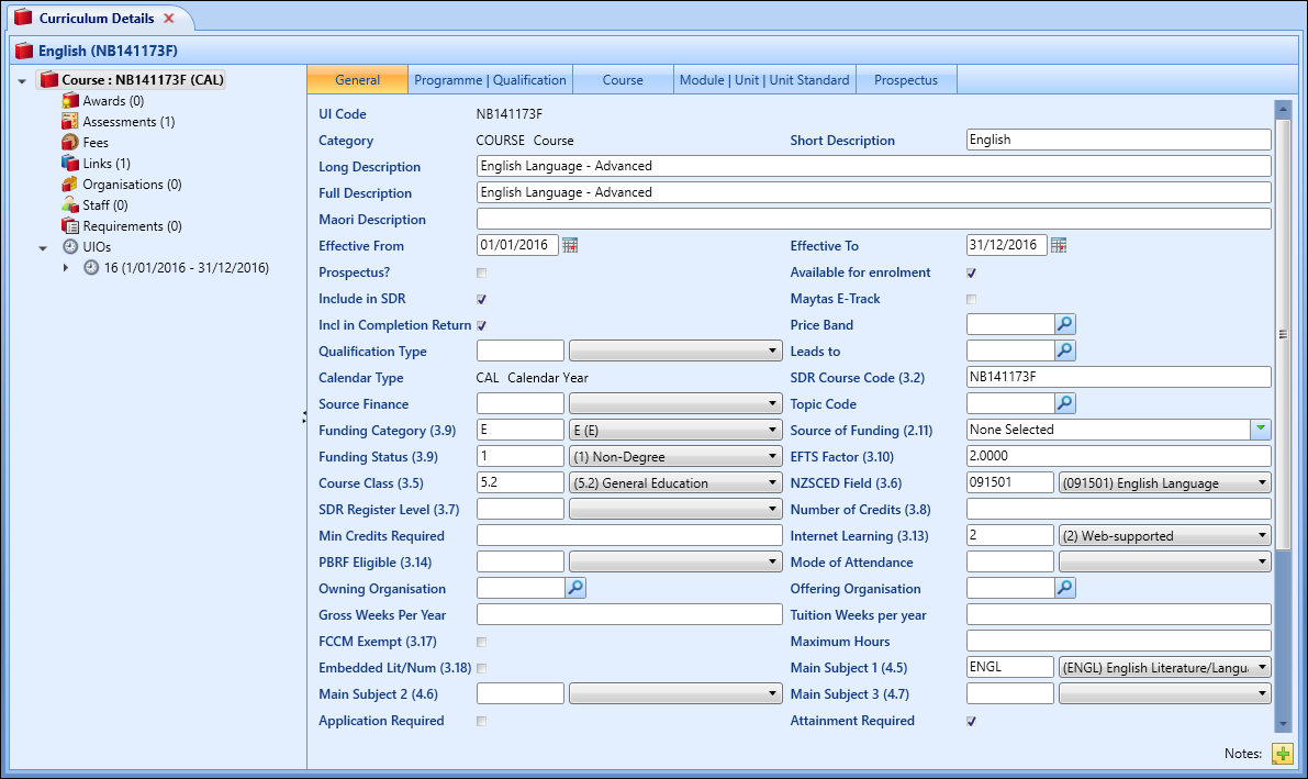 Curriculum Details screen