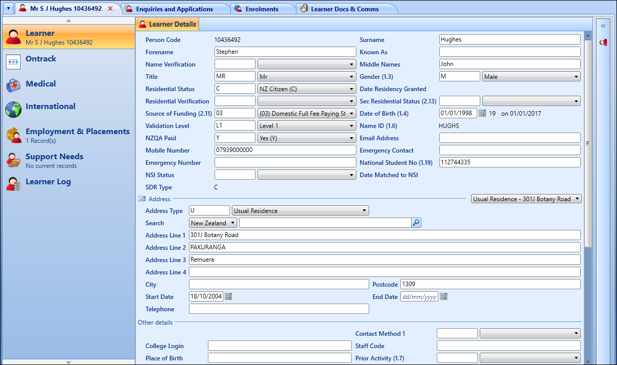 Learner Details screen