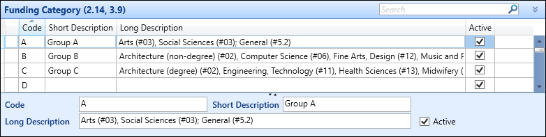 Funding Category (2.14, 3.9) reference data