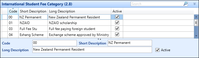 International Student Fee Category (2.8) reference data