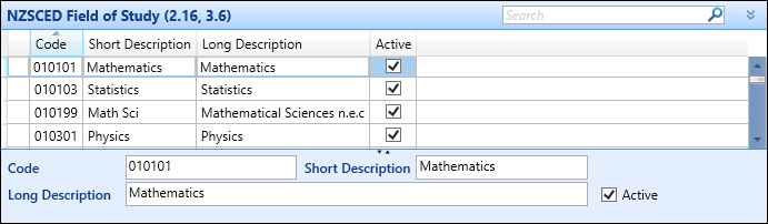 NZSCED Field of Study (2.16, 3.6) reference data