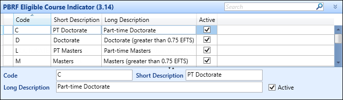 PBRF Eligible Course Indicator (3.14) reference data