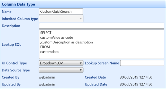 Column Data Type configured as a drop-down