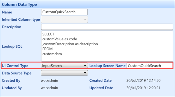 UI Control Type and Lookup Screen Name fields