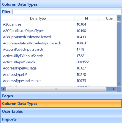 Column Data Types tab